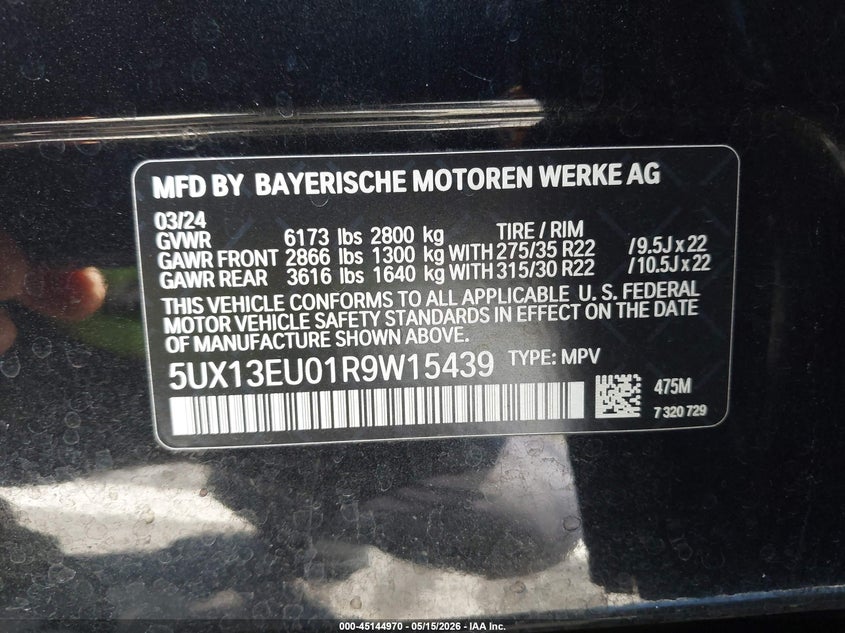 2024 BMW X5 VIN 5UX13EU01R9W15439 IAAI salvage auction — FRONT END, Salvage (California), sold $25,550 on 2026-07-21 (photo 9)