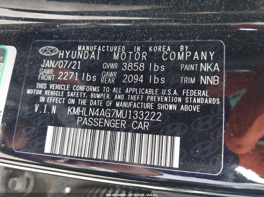 2021 Hyundai Elantra VIN KMHLN4AG7MU133222 IAAI salvage auction — REAR END, Salvage (Illinois), sold $5,900 on 2026-07-07 (photo 9)