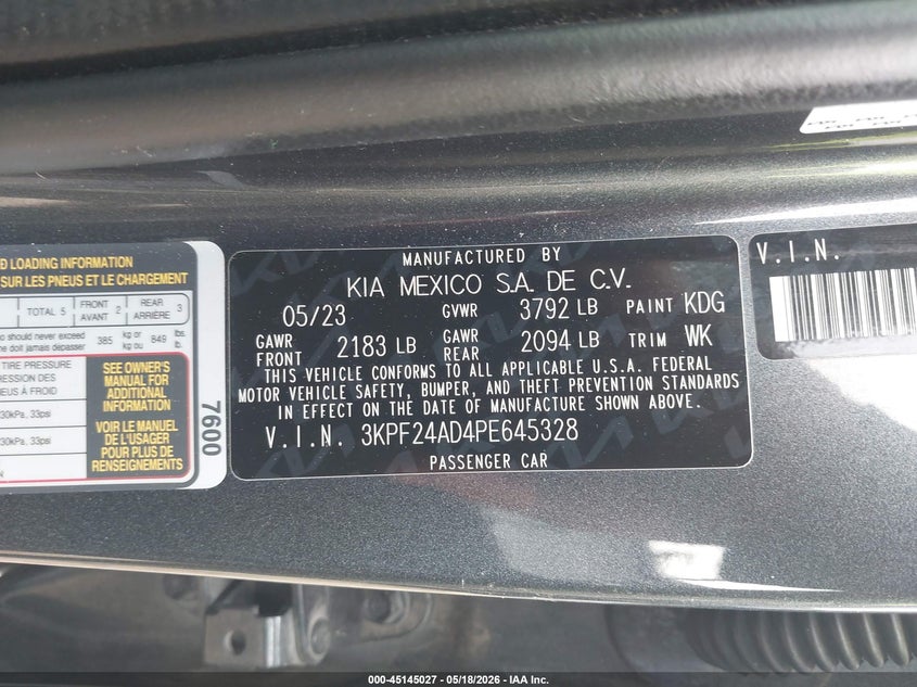 2023 Kia Forte VIN 3KPF24AD4PE645328 IAAI salvage auction — REAR END, Original (Texas), sold $5,725 on 2026-07-18 (photo 9)