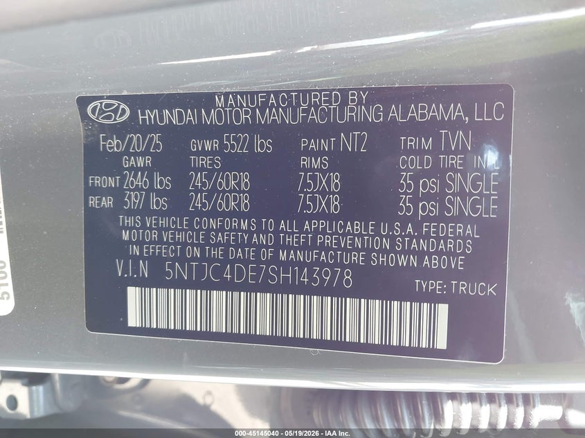 2025 Hyundai Santa cruz VIN 5NTJC4DE7SH143978 IAAI salvage auction — REAR END, Certificate Of Destruction (Florida), sold $8,975 on 2026-07-22 (photo 9)