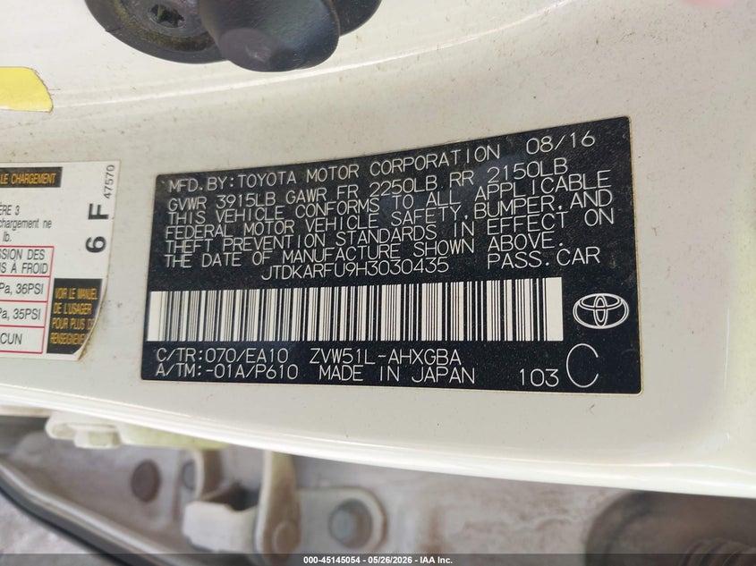 2017 Toyota Prius VIN JTDKARFU9H3030435 IAAI salvage auction — FRONT END, Clear (Oklahoma), sold $25 on 2026-07-29 (photo 9)