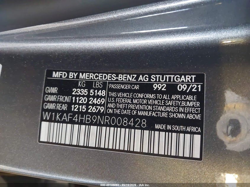 2022 Mercedes-benz C-klasse VIN W1KAF4HB9NR008428 IAAI salvage auction — FRONT END, Scrap (Michigan), sold $6,450 on 2026-07-07 (photo 9)