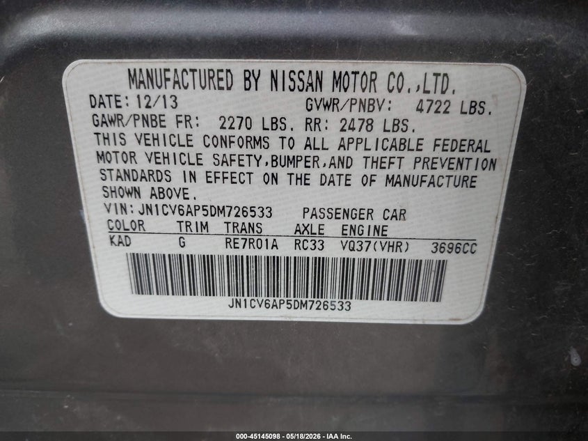2013 Infiniti G VIN JN1CV6AP5DM726533 IAAI salvage auction — FRONT END, Salvage (Texas), sold $325 on 2026-07-07 (photo 9)