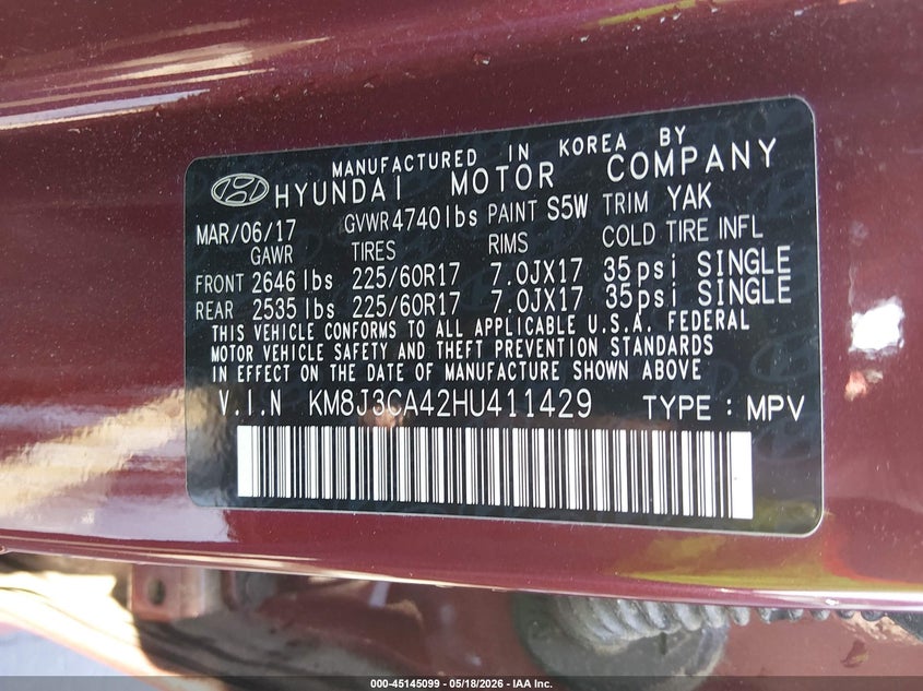 2017 Hyundai Tucson VIN KM8J3CA42HU411429 IAAI salvage auction — THEFT, Salvage (North Carolina), sold $2,950 on 2026-07-08 (photo 9)