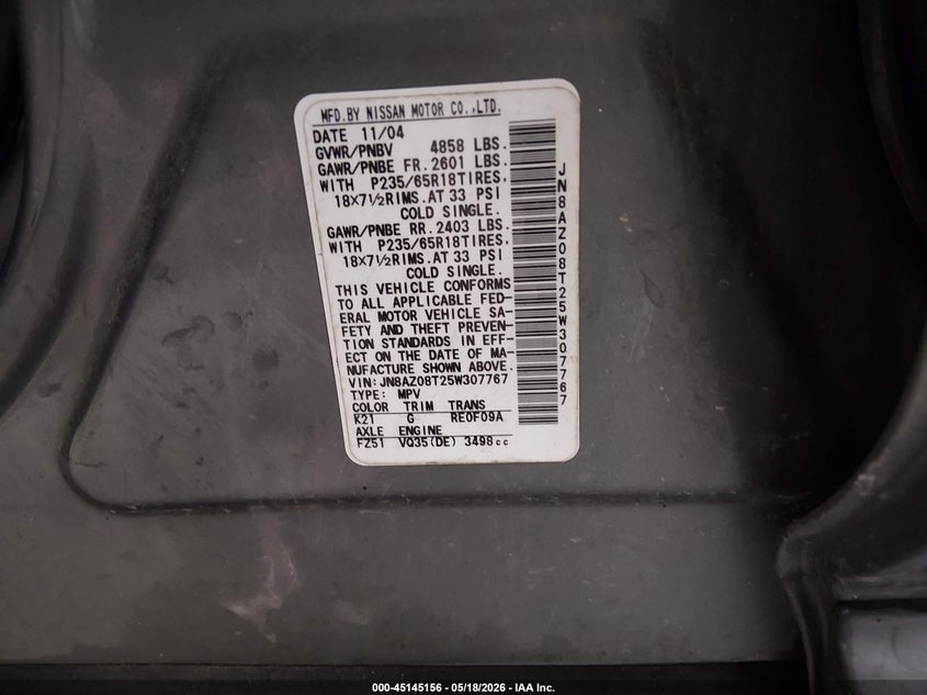 2005 Nissan Murano VIN JN8AZ08T25W307767 IAAI salvage auction — FRONT END, Repossessed (Missouri), sold $25 on 2026-07-16 (photo 9)
