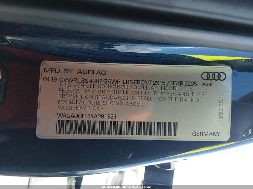 2019 Audi A3 VIN WAUAUGFF3KA091921 IAAI salvage auction — LEFT SIDE, Rebuildable (Florida), sold $6,575 on 2026-07-30 (photo 9)