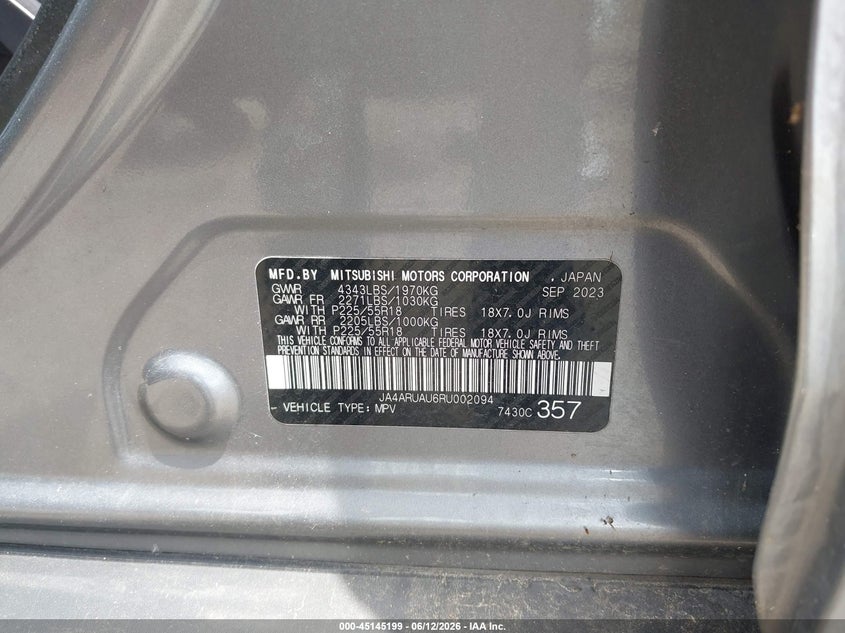 2024 Mitsubishi Outlander VIN JA4ARUAU6RU002094 IAAI salvage auction — RIGHT FRONT, Nrc Lienholder Repossession Paperwork (Mississippi), sold $1,600 on 2026-07-22 (photo 9)