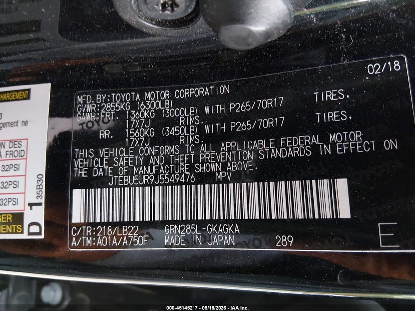 2018 Toyota 4runner VIN JTEBU5JR9J5549476 IAAI salvage auction — FRONT END, Salvage Title, sold $5,600 on 2026-07-29 (photo 9)
