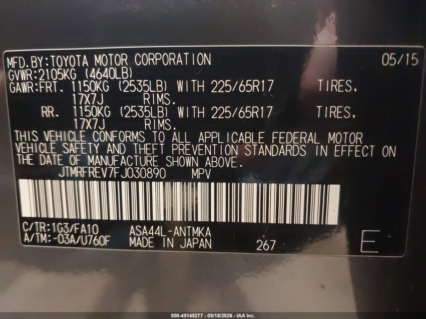 2015 Toyota Rav 4 VIN JTMRFREV7FJ030890 IAAI salvage auction — EXTERIOR BURN, Salvage (Minnesota), sold $25 on 2026-07-28 (photo 9)