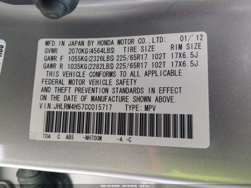 2012 Honda Cr-v VIN JHLRM4H57CC015717 IAAI salvage auction — REAR END, Salvage (Kentucky), sold $2,050 on 2026-07-31 (photo 9)