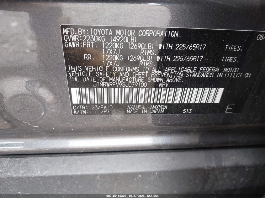 2025 Toyota Rav 4 VIN JTMRWRFV9SJ079100 IAAI salvage auction — FRONT END, Mv-907A (New York), sold $13,100 on 2026-07-14 (photo 9)