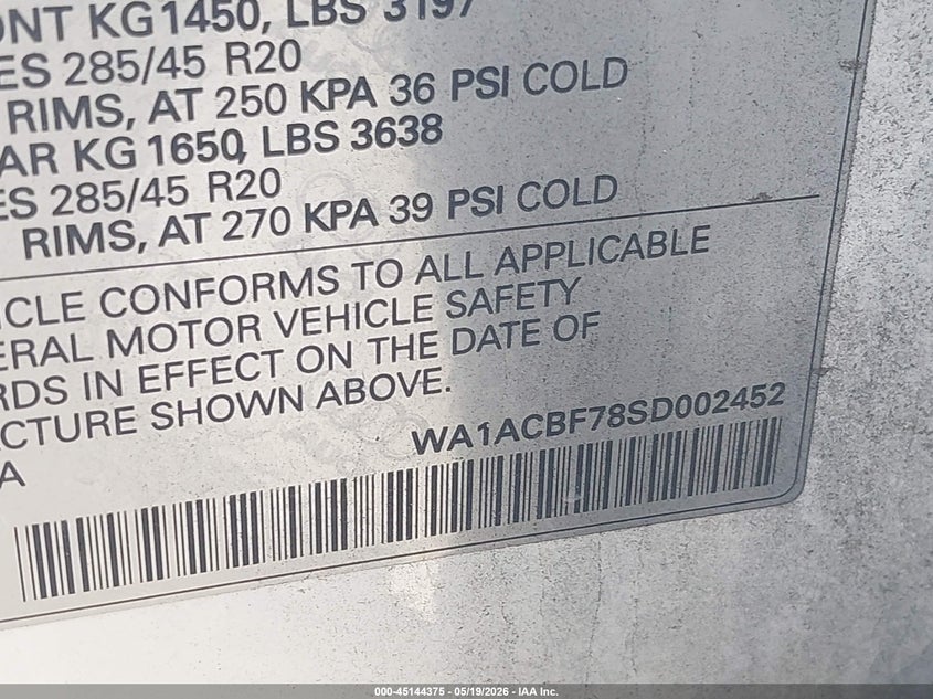 2025 Audi Q7 VIN WA1ACBF78SD002452 IAAI salvage auction — FRONT END, Salvage (California), sold $22,700 on 2026-07-22 (photo 9)