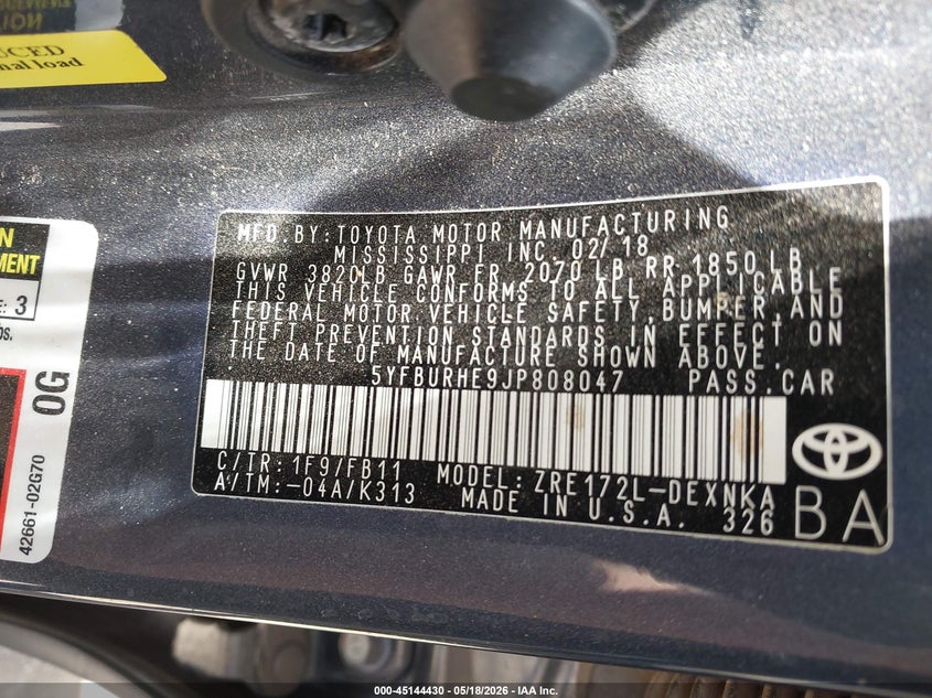 2018 Toyota Corolla VIN 5YFBURHE9JP808047 IAAI salvage auction — REAR END, Original (Texas), sold $3,500 on 2026-07-28 (photo 9)