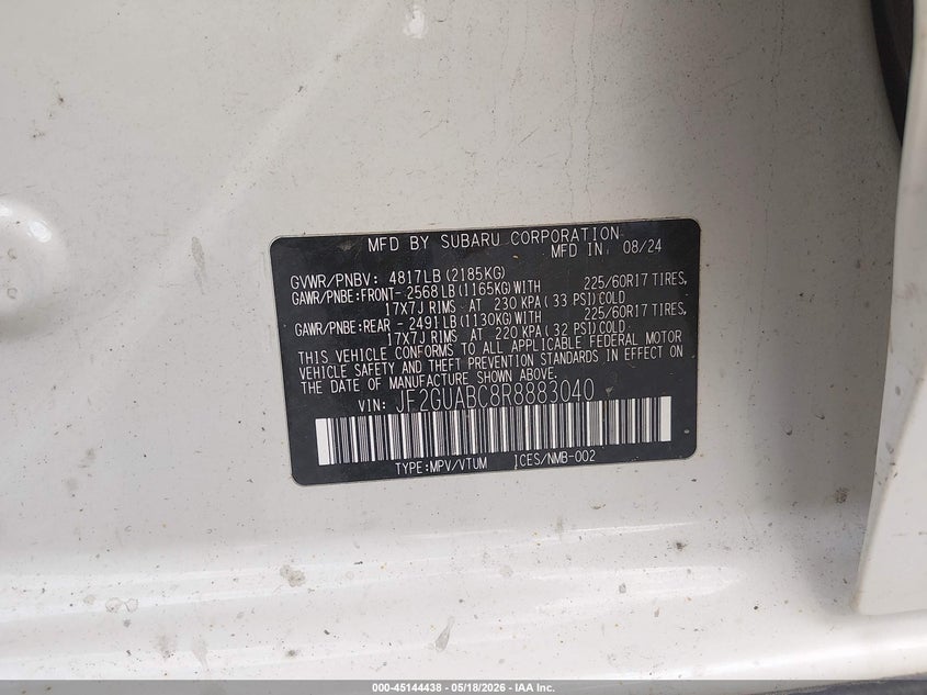 2024 Subaru Xv VIN JF2GUABC8R8883040 IAAI salvage auction — RIGHT REAR, Salvage (Massachusetts), sold $1,400 on 2026-07-27 (photo 9)
