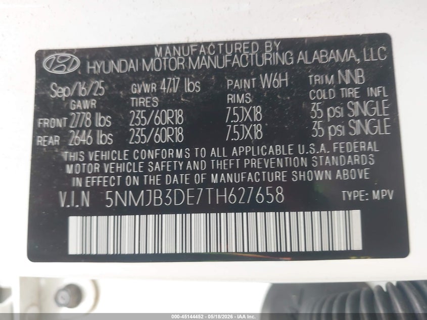 2026 Hyundai Tucson VIN 5NMJB3DE7TH627658 IAAI salvage auction — FRONT END, Salvage (Tennessee), sold $9,300 on 2026-07-30 (photo 9)