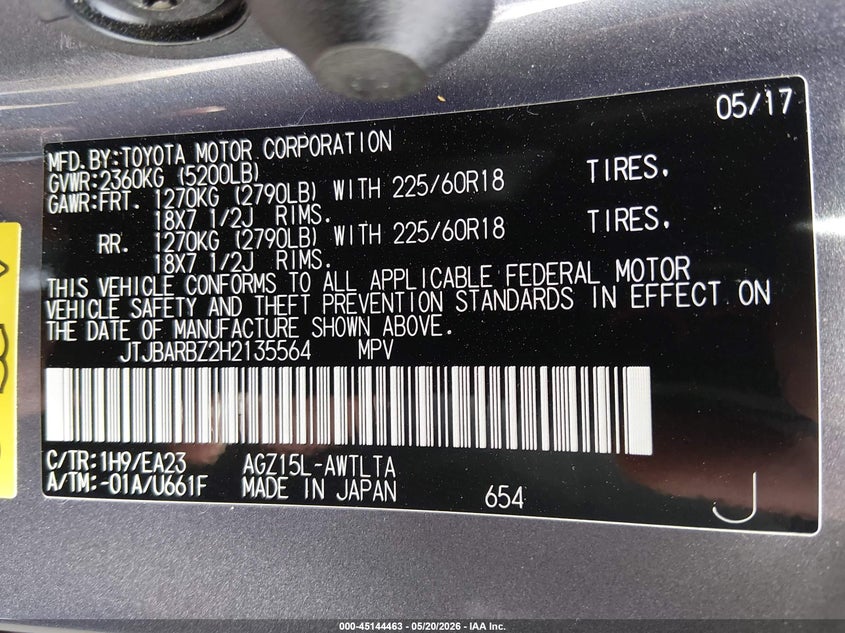 2017 Lexus Nx VIN JTJBARBZ2H2135564 IAAI salvage auction — LEFT FRONT, Original (Texas), sold $9,150 on 2026-07-28 (photo 9)