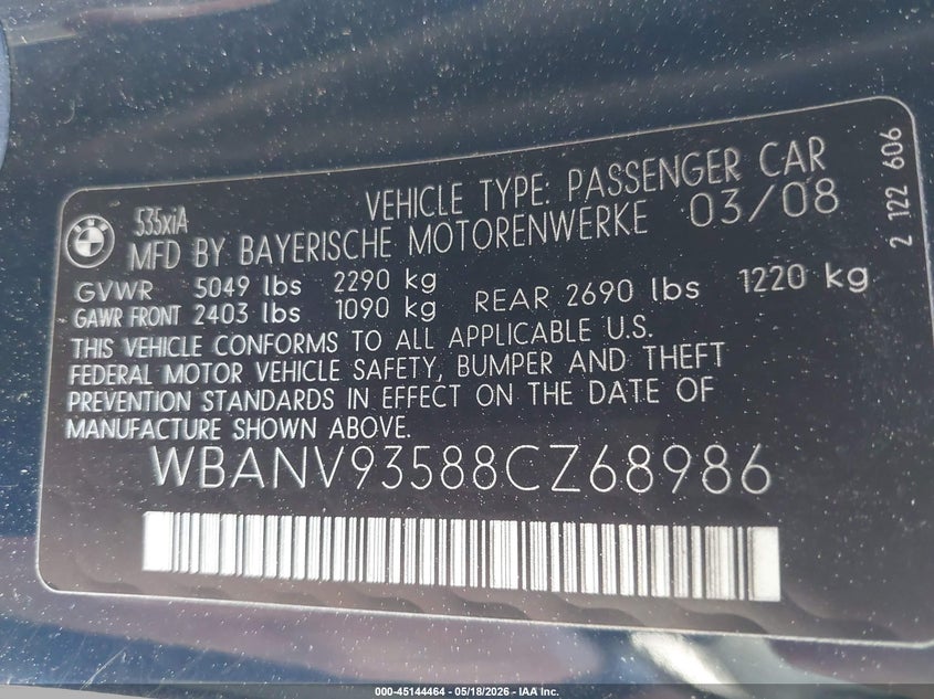 2008 BMW 5er VIN WBANV93588CZ68986 IAAI salvage auction — FRONT END, Salvage (Pennsylvania), sold $400 on 2026-07-21 (photo 9)