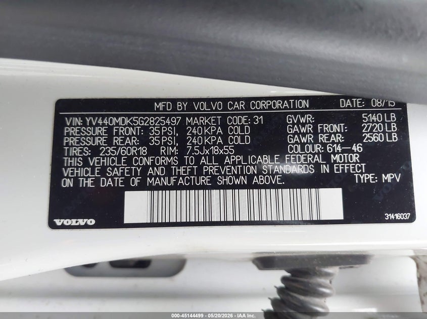 2016 Volvo Xc60 VIN YV440MDK5G2825497 IAAI salvage auction — HAIL, Original (Texas), sold $100 on 2026-07-28 (photo 9)