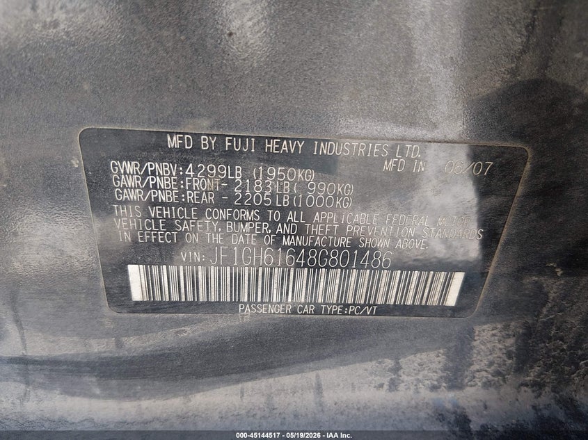 2008 Subaru Impreza VIN JF1GH61648G801486 IAAI salvage auction — FRONT END, Salvage (West Virginia), sold $100 on 2026-07-08 (photo 9)