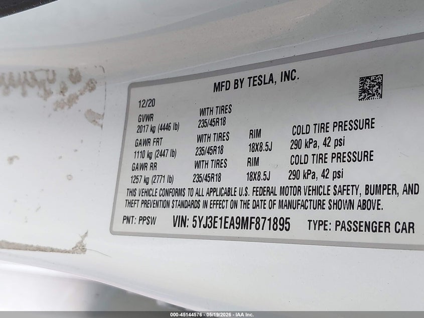 2021 Tesla Model 3 VIN 5YJ3E1EA9MF871895 IAAI salvage auction — RIGHT FRONT, Salvage (Texas), sold $1,850 on 2026-07-28 (photo 9)
