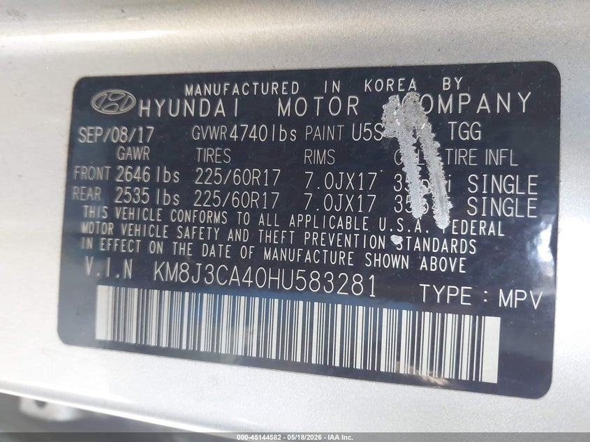 2017 Hyundai Tucson VIN KM8J3CA40HU583281 IAAI salvage auction — THEFT, Salvage (Pennsylvania), sold $2,400 on 2026-07-24 (photo 9)