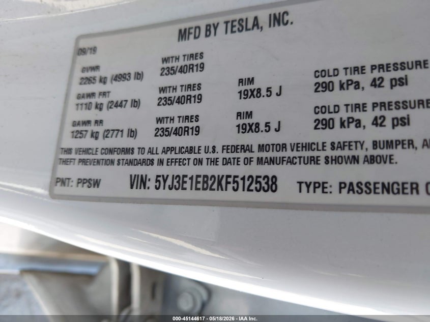 2019 Tesla Model 3 VIN 5YJ3E1EB2KF512538 IAAI salvage auction — REAR END, Salvage (California), sold $4,325 on 2026-07-22 (photo 9)