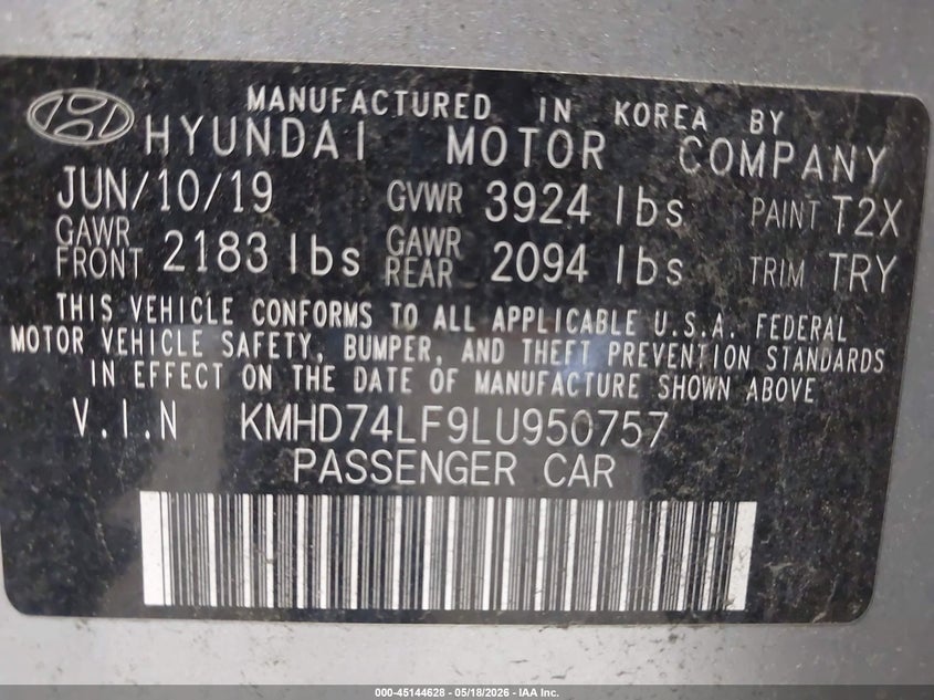 2020 Hyundai Elantra VIN KMHD74LF9LU950757 IAAI salvage auction — FRONT END, Mv-907A (New York), sold $1,950 on 2026-07-15 (photo 9)