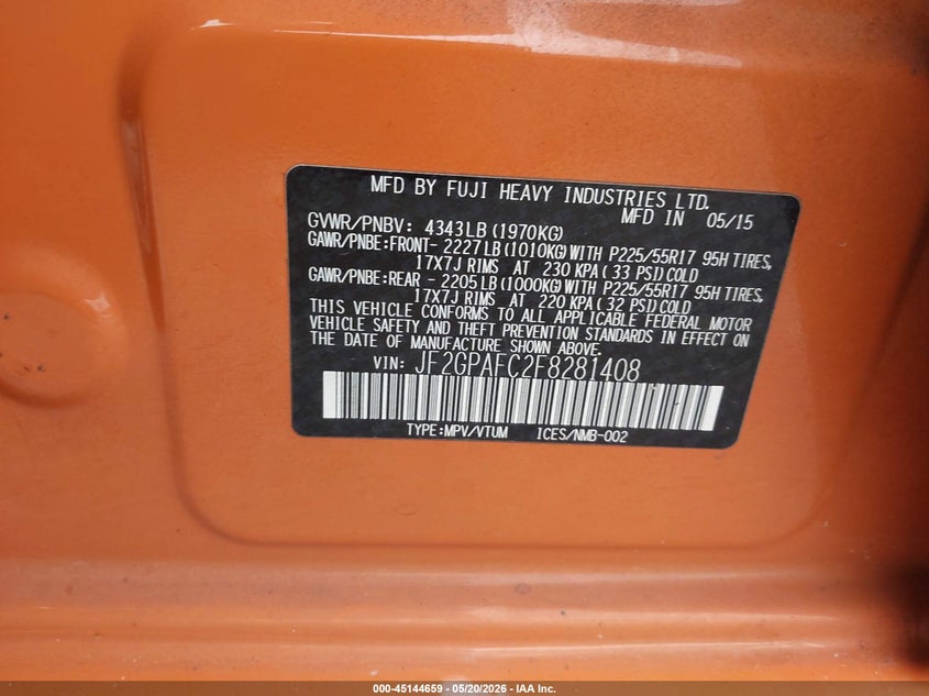 2015 Subaru Xv VIN JF2GPAFC2F8281408 IAAI salvage auction — HAIL, Clear (Missouri), sold $1,000 on 2026-07-27 (photo 9)