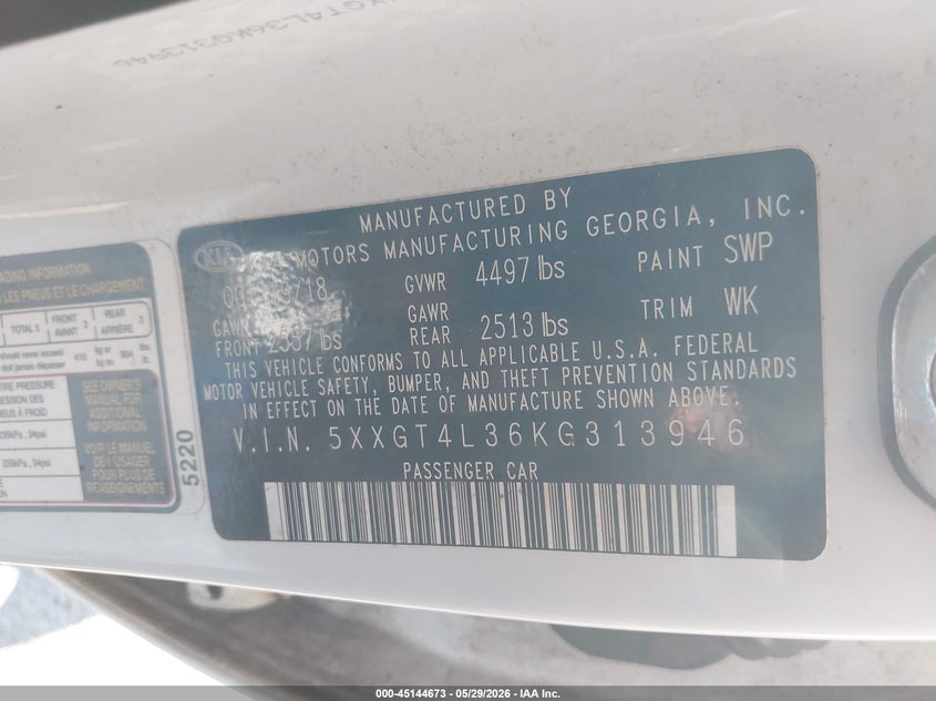 2019 Kia Optima VIN 5XXGT4L36KG313946 IAAI salvage auction — HAIL, Clear (Oklahoma), sold $3,900 on 2026-07-15 (photo 9)