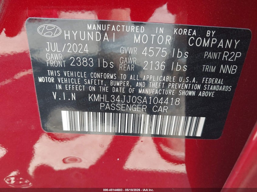 2025 Hyundai Sonata VIN KMHL34JJ0SA104418 IAAI salvage auction — RIGHT FRONT, Salvage - Greater Than 75% (Maryland), sold $3,600 on 2026-07-28 (photo 9)