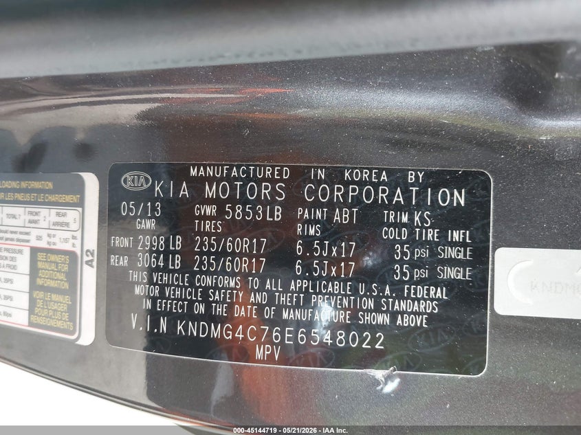 2014 Kia SEDONA VIN KNDMG4C76E6548022 IAAI salvage auction — EXTERIOR BURN, Clear (Virginia), sold $1,200 on 2026-07-22 (photo 9)
