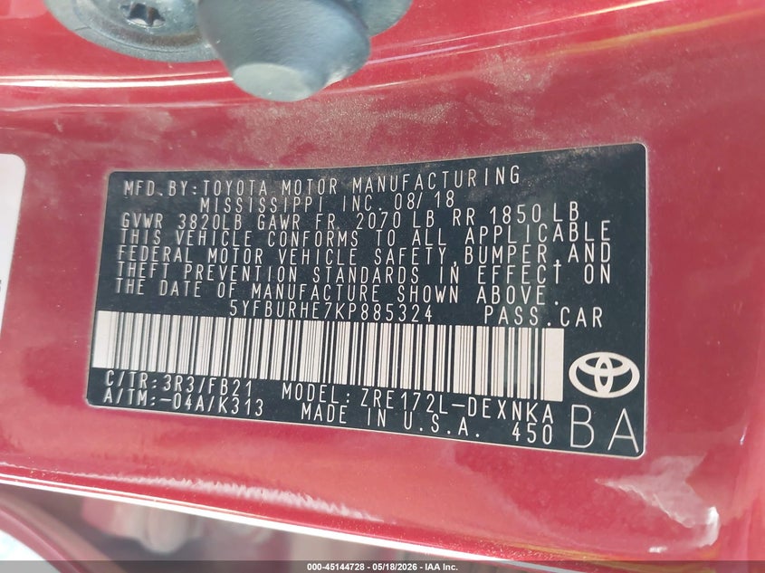 2019 Toyota Corolla VIN 5YFBURHE7KP885324 IAAI salvage auction — FRONT END, Salvage (Texas), sold $3,500 on 2026-07-14 (photo 9)