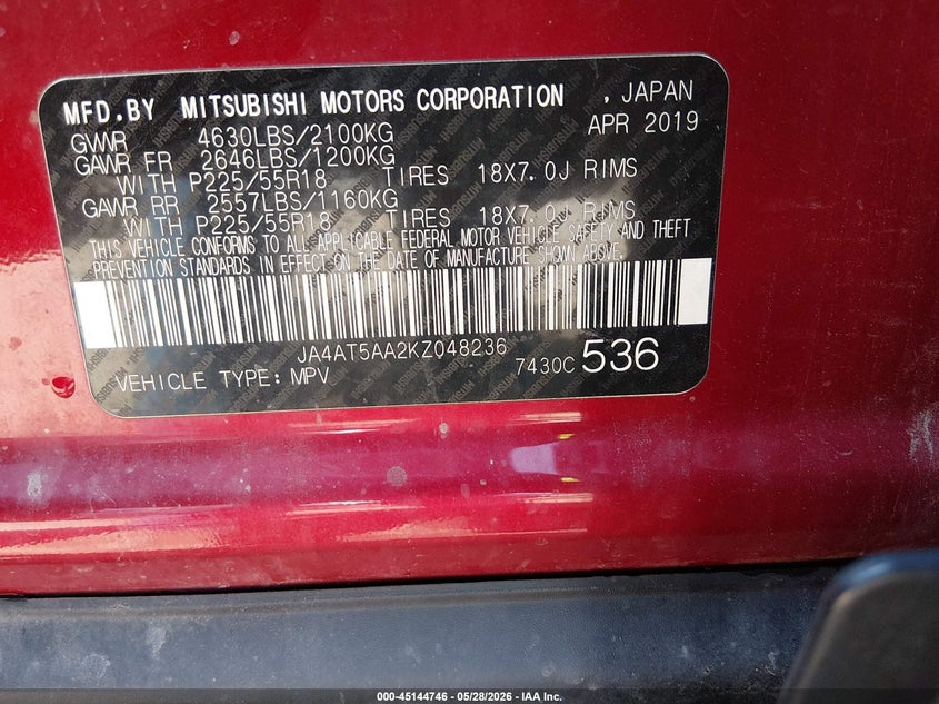 2019 Mitsubishi Eclipse cross VIN JA4AT5AA2KZ048236 IAAI salvage auction — FRONT END, Salvage (West Virginia), sold $1,850 on 2026-07-16 (photo 9)