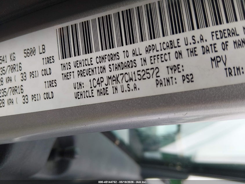 2012 Jeep Liberty (north america) VIN 1C4PJMAK7CW152572 IAAI salvage auction — HAIL, Salvage (Pennsylvania), sold $875 on 2026-07-25 (photo 9)