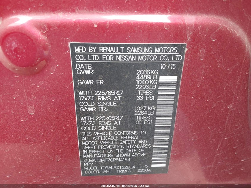 2016 Nissan Rogue VIN KNMAT2MT7GP614184 IAAI salvage auction — REAR END, Salvage (Texas), sold $1,775 on 2026-07-28 (photo 9)