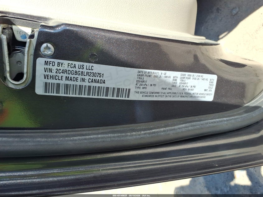 2020 Dodge Grand caravan VIN 2C4RDGBG8LR230751 IAAI salvage auction — NORMAL WEAR, Sf97 (North Carolina), sold $10,200 on 2026-07-16 (photo 9)