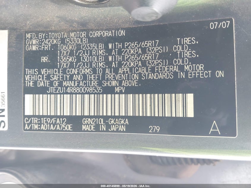 2008 Toyota 4runner VIN JTEZU14R880098535 IAAI salvage auction — RIGHT SIDE, Salvage (Texas), sold $2,600 on 2026-07-29 (photo 9)