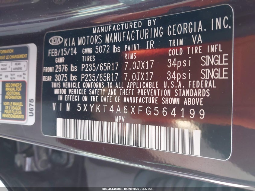 2015 Kia Sorento VIN 5XYKT4A6XFG564199 IAAI salvage auction — FRONT END, Regular (South Dakota), sold $25 on 2026-07-28 (photo 9)
