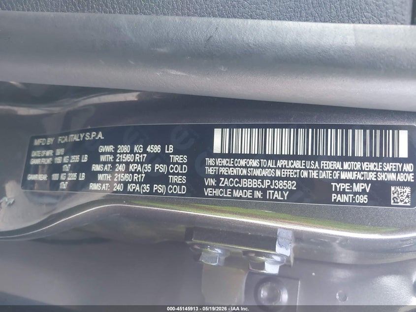 2018 Jeep Renegade VIN ZACCJBBB5JPJ38582 IAAI salvage auction — UNKNOWN, Salvage (Georgia), sold $2,700 on 2026-07-14 (photo 9)