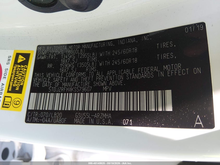 2019 Toyota Highlander VIN 5TDJZRFHXKS579607 IAAI salvage auction — FRONT END, Salvage Title, sold $7,000 on 2026-07-29 (photo 9)