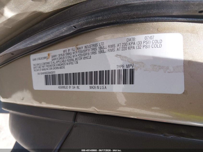 2008 Subaru Tribeca VIN 4S4WX90D284405810 IAAI salvage auction — LEFT FRONT, Nrc Lienholder Repossession Paperwork (New Mexico), sold $300 on 2026-08-03 (photo 9)