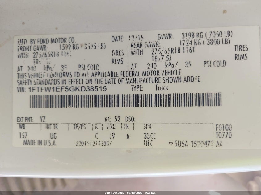 2016 Ford F-150 VIN 1FTFW1EF5GKD38519 IAAI salvage auction — MECHANICAL, Clear (California), sold $3,450 on 2026-07-09 (photo 9)