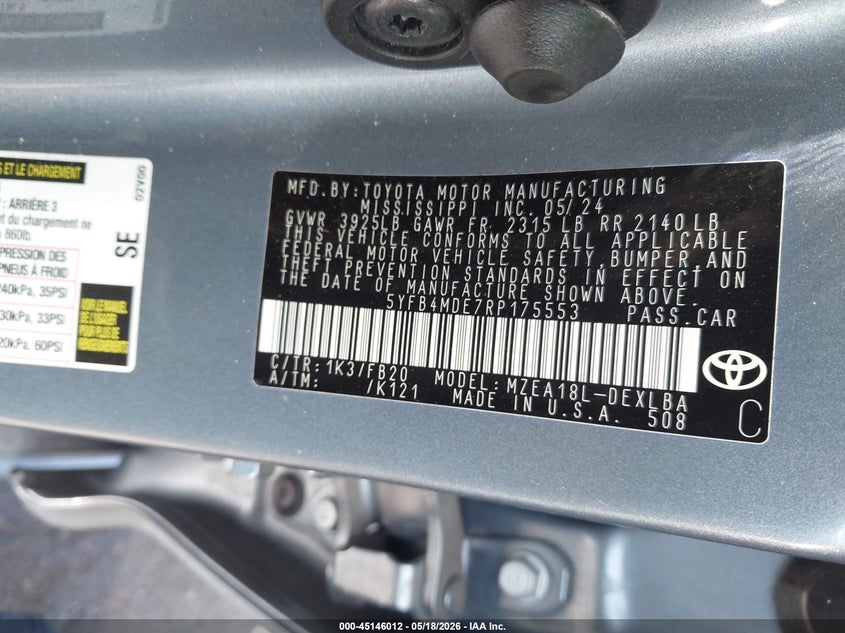 2024 Toyota Corolla VIN 5YFB4MDE7RP175553 IAAI salvage auction — LEFT FRONT, Salvage Certificate (California), sold $5,600 on 2026-07-24 (photo 9)