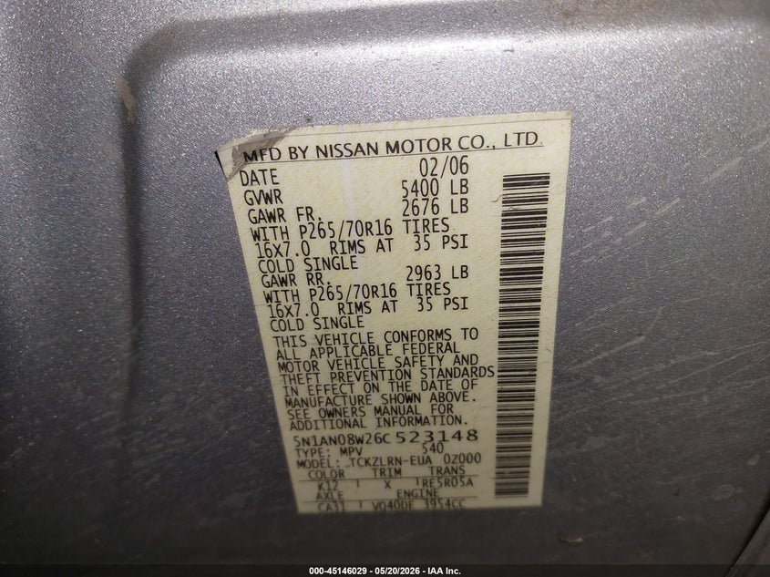 2006 Nissan Xterra VIN 5N1AN08W26C523148 IAAI salvage auction — LEFT SIDE, Salvage (Oregon), sold $825 on 2026-07-09 (photo 9)