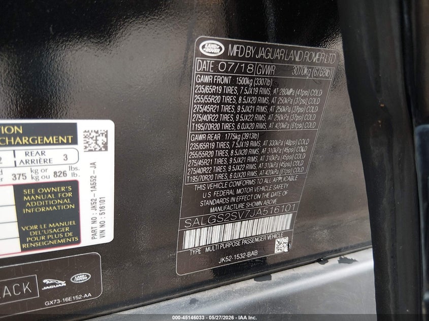 2018 Land rover RANGE ROVER VIN SALGS2SV7JA516101 IAAI salvage auction — REAR END, Salvage Title, sold $12,600 on 2026-07-16 (photo 9)
