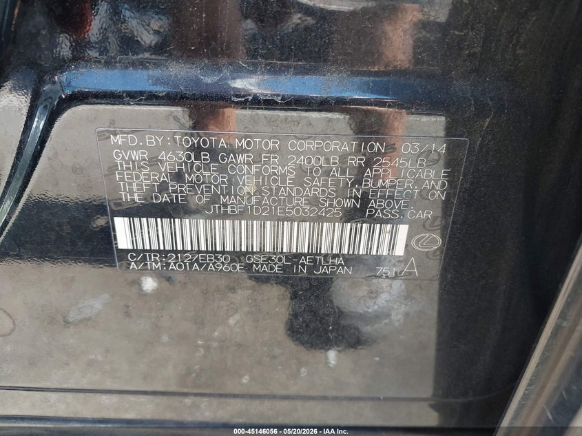 2014 Lexus Is VIN JTHBF1D21E5032425 IAAI salvage auction — RIGHT FRONT, Salvage (North Carolina), sold $2,500 on 2026-07-15 (photo 9)