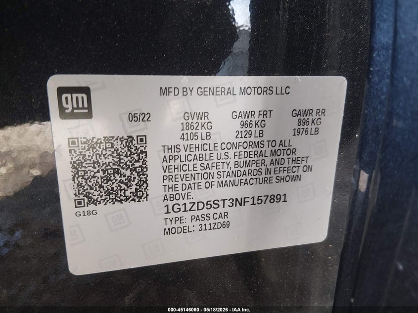 2022 Chevrolet Malibu VIN 1G1ZD5ST3NF157891 IAAI salvage auction — REAR END, Salvage (Delaware), sold $3,450 on 2026-07-27 (photo 9)