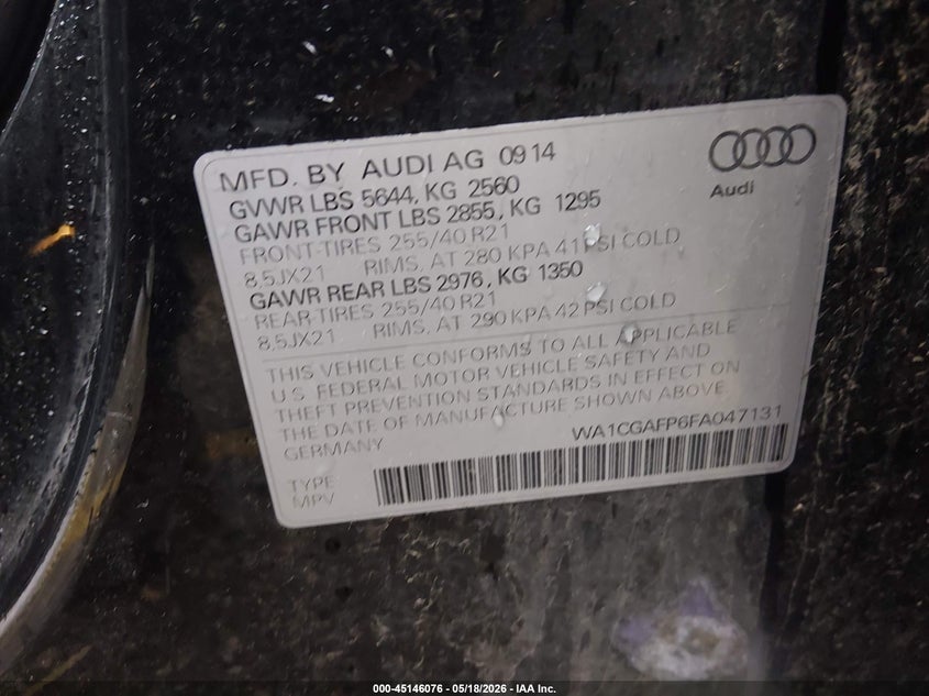 2015 Audi Sq5 VIN WA1CGAFP6FA047131 IAAI salvage auction — LEFT FRONT, Salvage (Colorado), sold $2,550 on 2026-07-30 (photo 9)