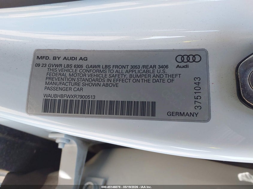 2024 Audi Rs e-tron gt VIN WAUBHBFWXR7900513 IAAI salvage auction — RIGHT FRONT, Salvage Title, sold $32,750 on 2026-08-20 (photo 9)