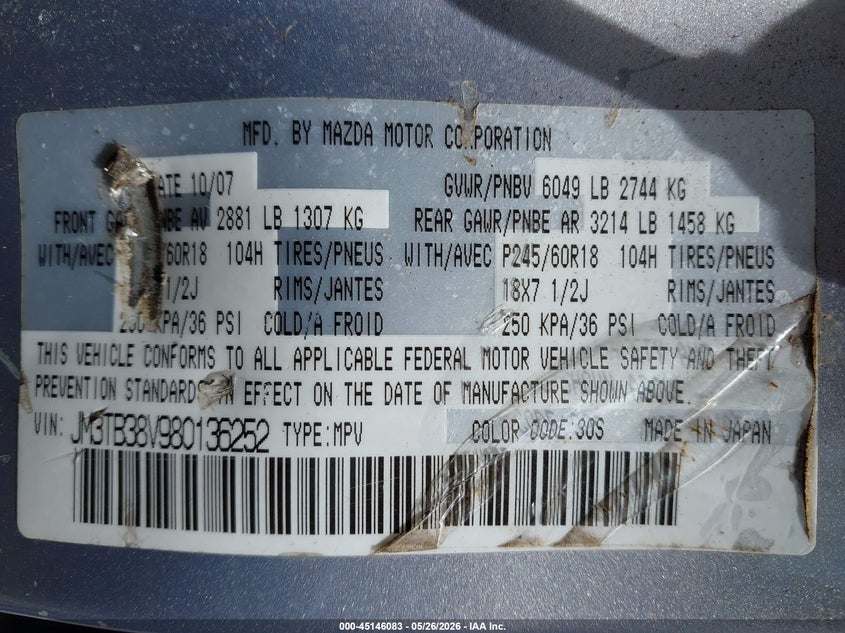 2008 Mazda Cx-9 VIN JM3TB38V980136252 IAAI salvage auction — NORMAL WEAR, Clear (New York), sold $600 on 2026-07-30 (photo 9)
